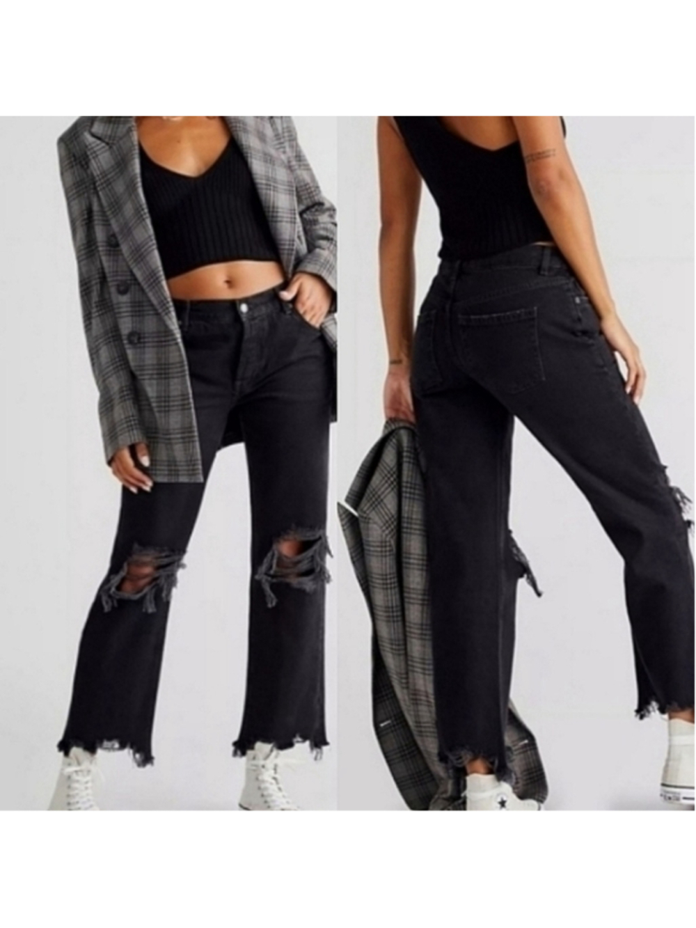 Free People Maggie Mid Rise Distressed Black Women Jeans Size 27 NEW - Picture 1 of 16